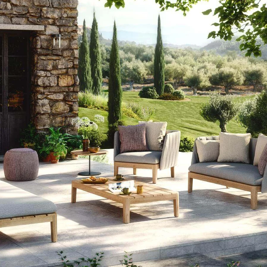 Exceptional Royal Botania Calypso lounge coffee table crafted in teak wood with a light natural tone and matte finish
