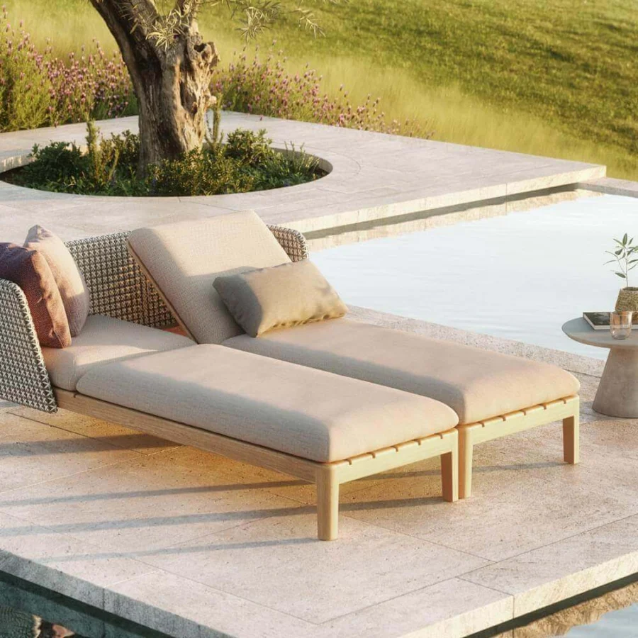 Superior Royal Botania Calypso lounge lounger with reclining teak base and stainless steel U-shaped backrest upholstered in beige textile