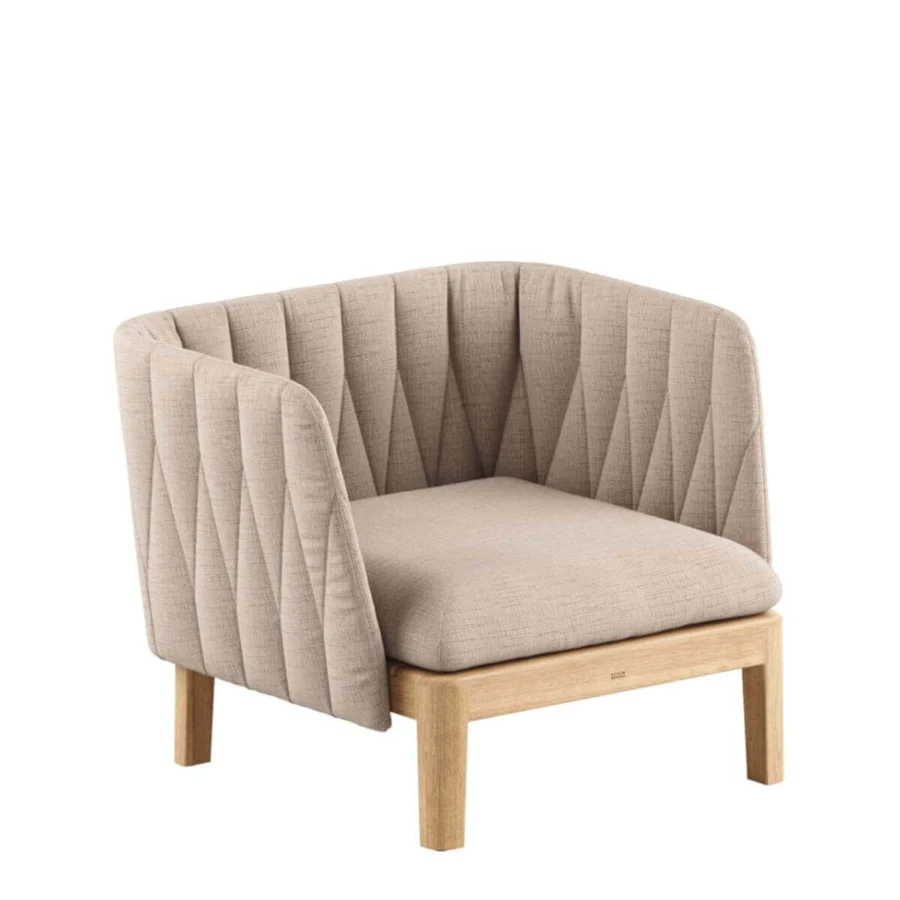 Exceptional Royal Botania Calypso lounge chair with plush light beige textile and balanced teak base
