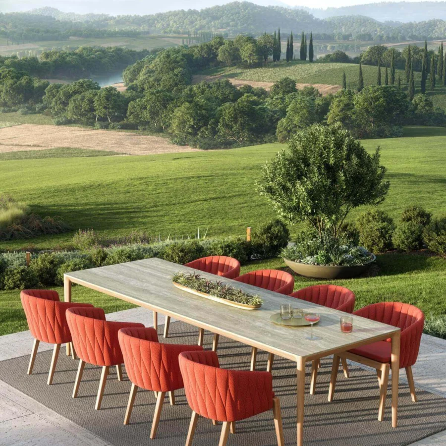 Distinguished Royal Botania Calypso armchair with terracotta quilted textile and detachable teak with stainless steel backrest