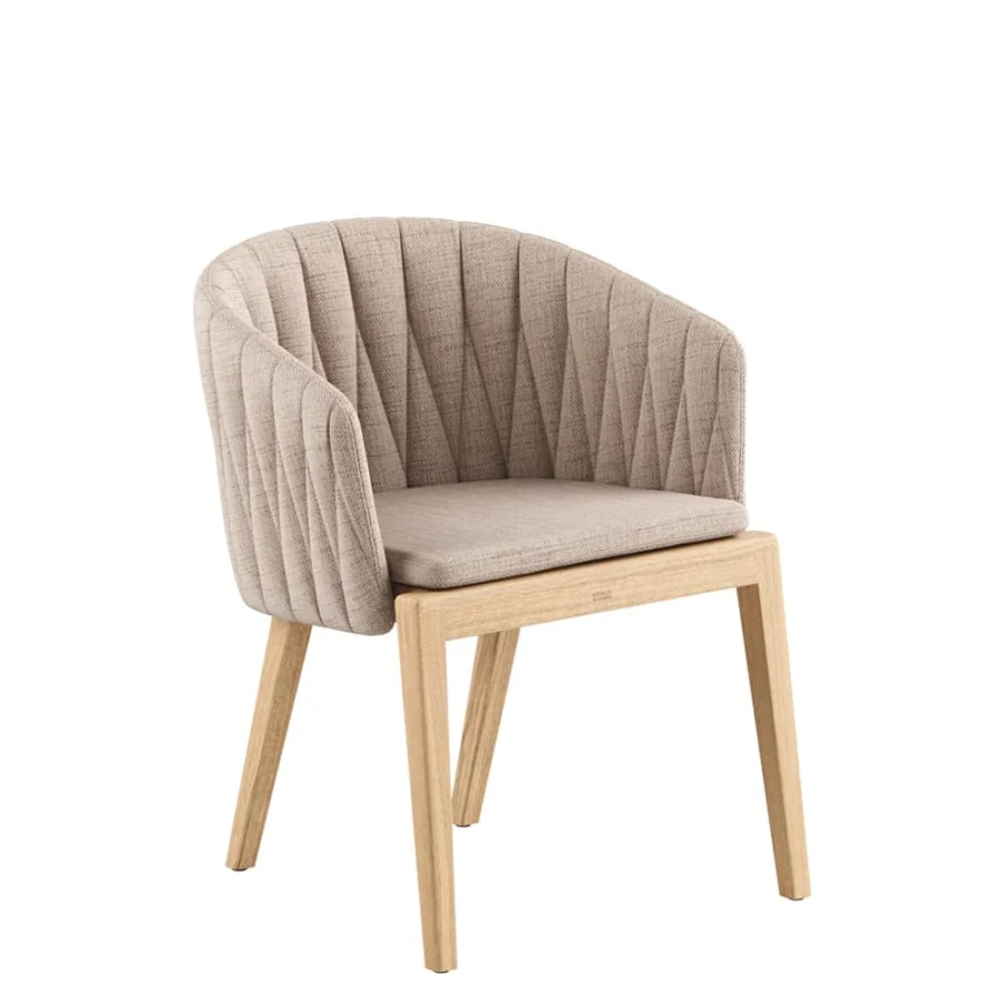 Sophisticated Royal Botania Calypso armchair with light beige textile upholstery, stainless steel backrest and detachable teak base