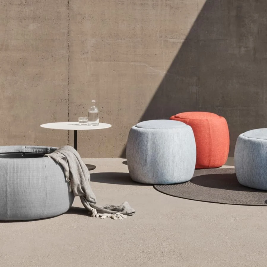 Innovative Royal Botania Tono ottoman in light gray textile with textured matte finish offers storage or planter use