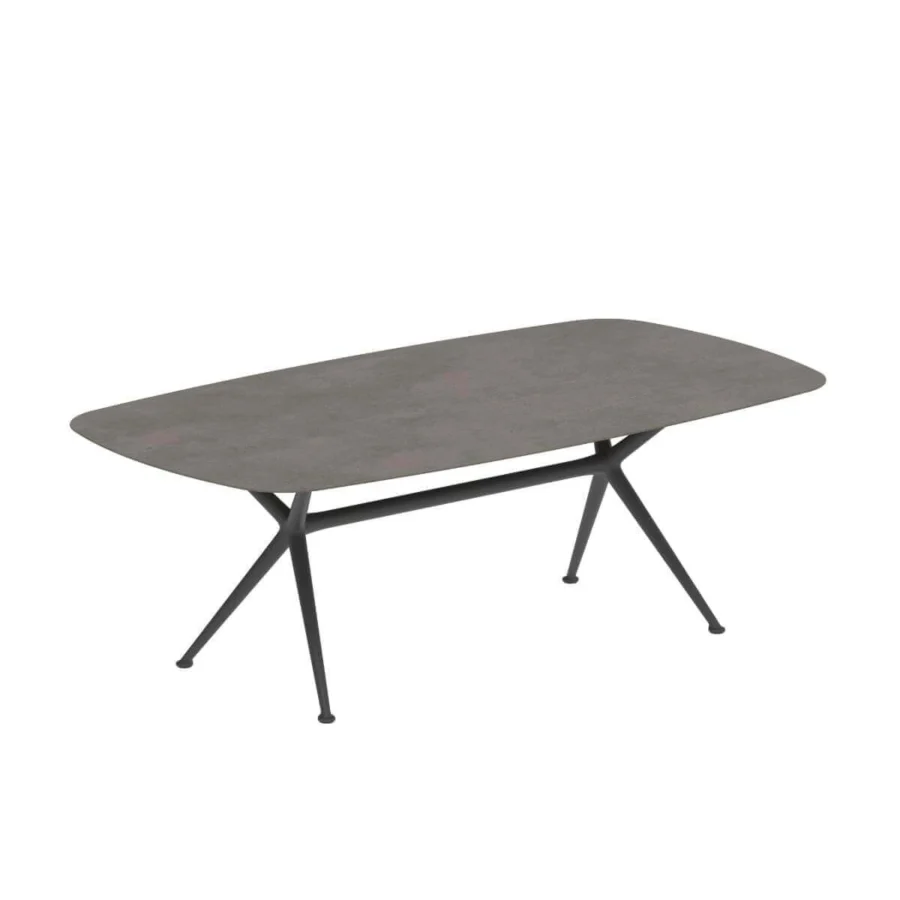 Refined Royal Botania Exes table with light gray ceramic tabletop and sleek black coated aluminum base crafted in a contemporary X-shape