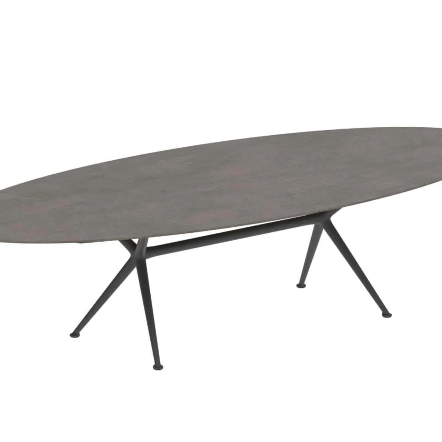 Distinguished Royal Botania Exes table with a matte gray ceramic tabletop and intersecting coated aluminum legs built with a crossbar