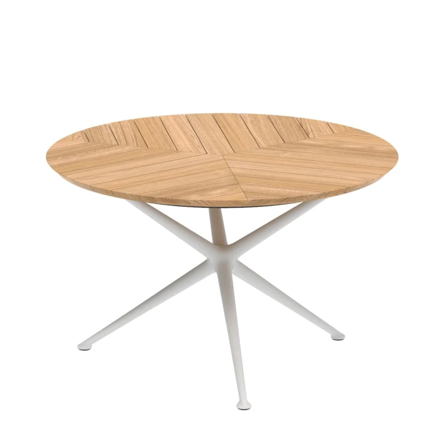 Sophisticated Royal Botania Exes table with light brown herringbone teak wood top and converging white coated aluminum legs