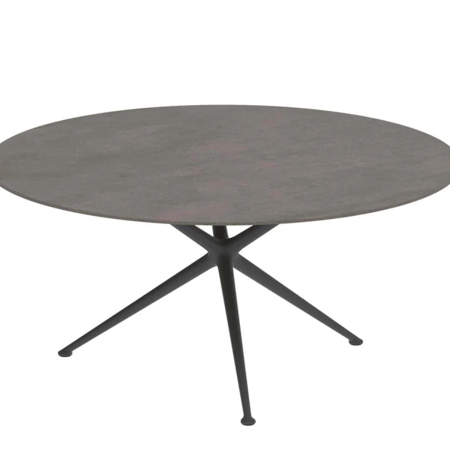 Elegant Royal Botania Exes table with medium-grey ceramic tabletop and intersecting black coated aluminum base