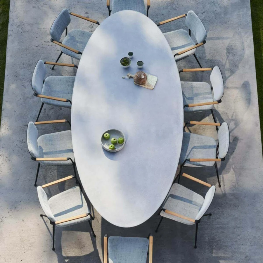Sophisticated Royal Botania Conix table crafted with light gray polished concrete top and conical fibre-reinforced Ductal® concrete bases