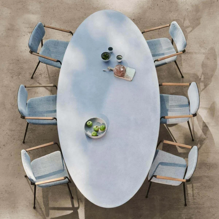 Distinguished Royal Botania Conix table with fibre-reinforced Ductal® concrete base and smooth light blue concrete top crafted with a polished finish
