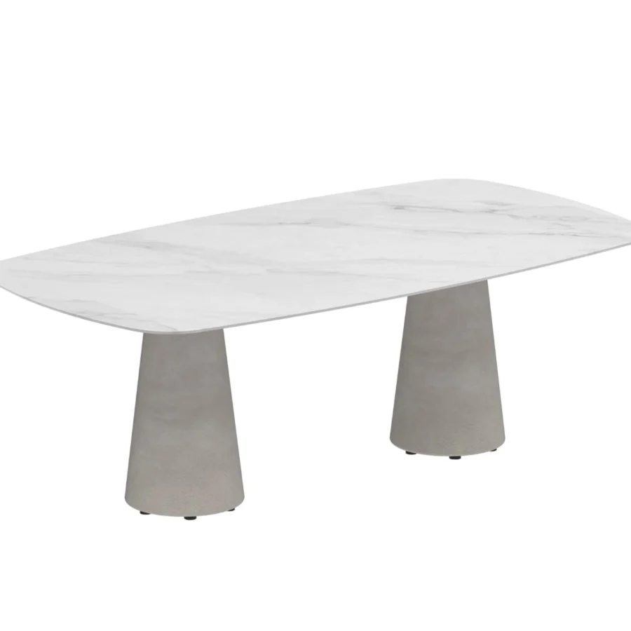 Exceptional Royal Botania Conix table with a white, marble-like ceramic top and conical fibre-reinforced Ductal® concrete bases