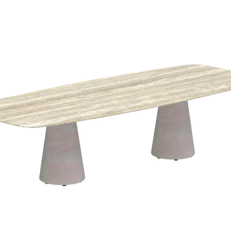 Elegant Royal Botania Conix table with light beige concrete top and light gray fibre-reinforced concrete legs crafted with a polished finish