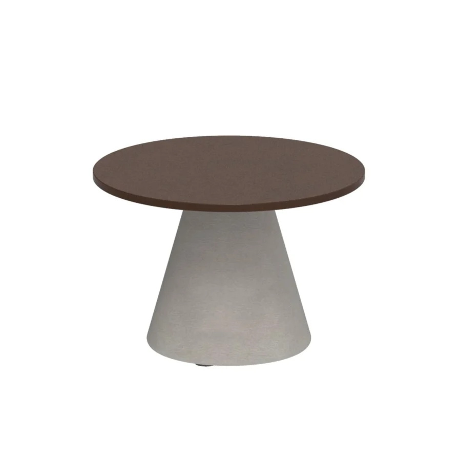 Exceptional Royal Botania Conix side table with round teak top and polished concrete conical base crafted with treated surface