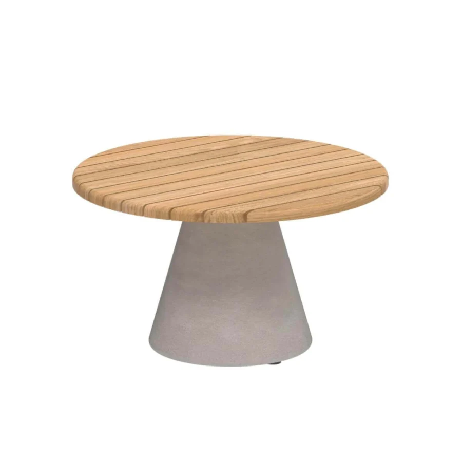 Elegant Royal Botania Conix side table with light brown teak wood top and polished matte gray Ductal® concrete base