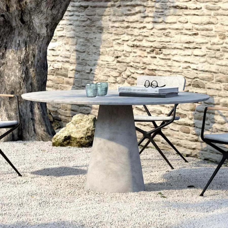 Innovative Royal Botania Conix table with conical base cast in fiber-reinforced Ductal® concrete and polished matte gray top