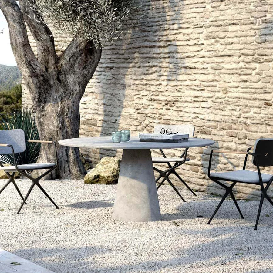 Exceptional Royal Botania Conix table with a smooth matte finish in light grey fibre-reinforced Ductal® concrete construction