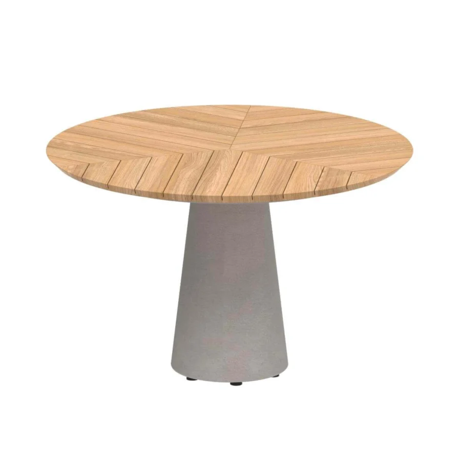 Elegant Royal Botania Conix table crafted with light brown teak wood and matte gray fibre-reinforced Ductal® concrete
