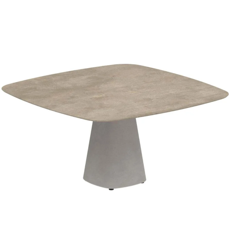 Innovative Royal Botania Conix table with a square tabletop and conical fibre-reinforced Ductal® concrete base in a matte light beige finish