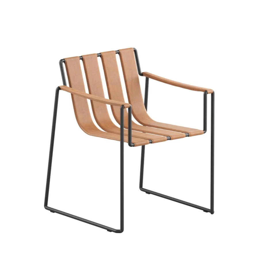 Sophisticated Royal Botania Strappy armchair with a sleek coated stainless steel frame and light brown horizontally arranged straps