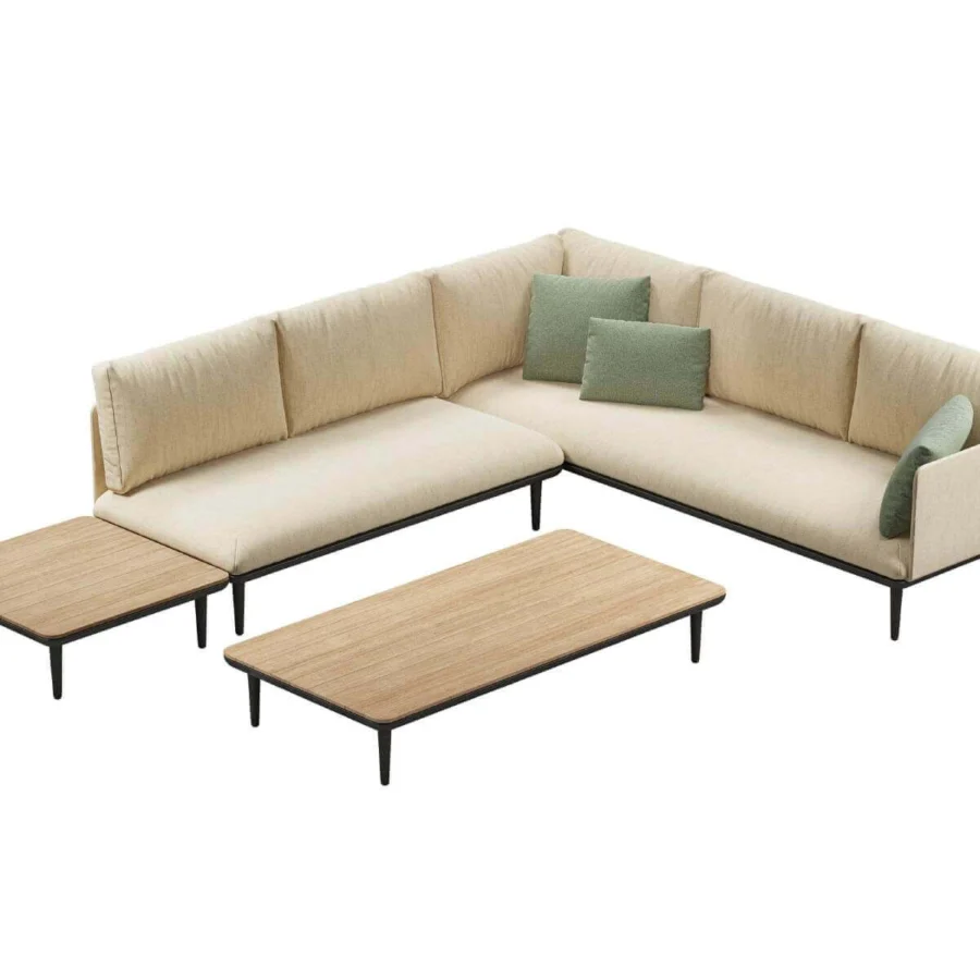 Elegant Royal Botania Styletto Lounge sectional with light beige textile and teak wood tabletops built with a contrasting black metal framework