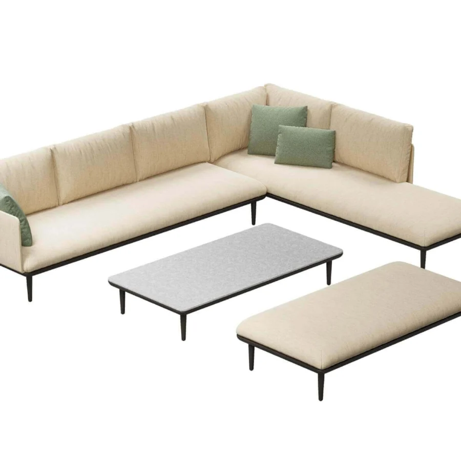 Distinguished Royal Botania Styletto Lounge sectional crafted with dark metal and light beige textile upholstery, accented with square green cushions