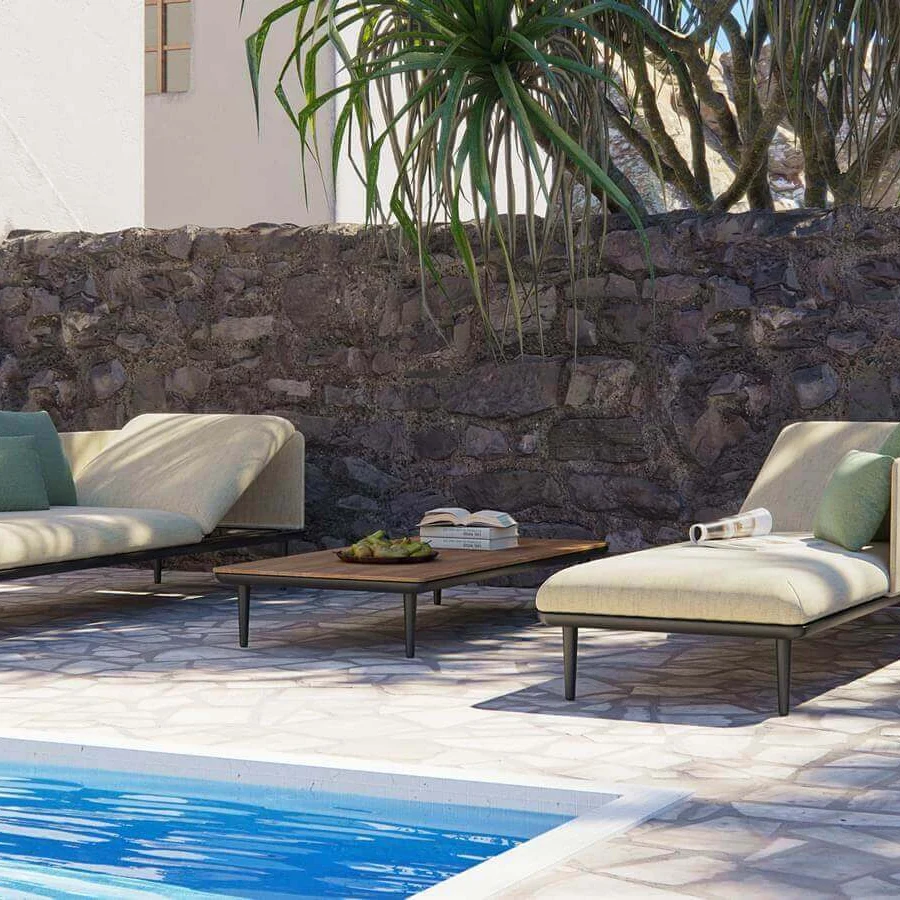 Exceptional Royal Botania Styletto lounge coffee table crafted with teak wood and dark metal in a matte finish
