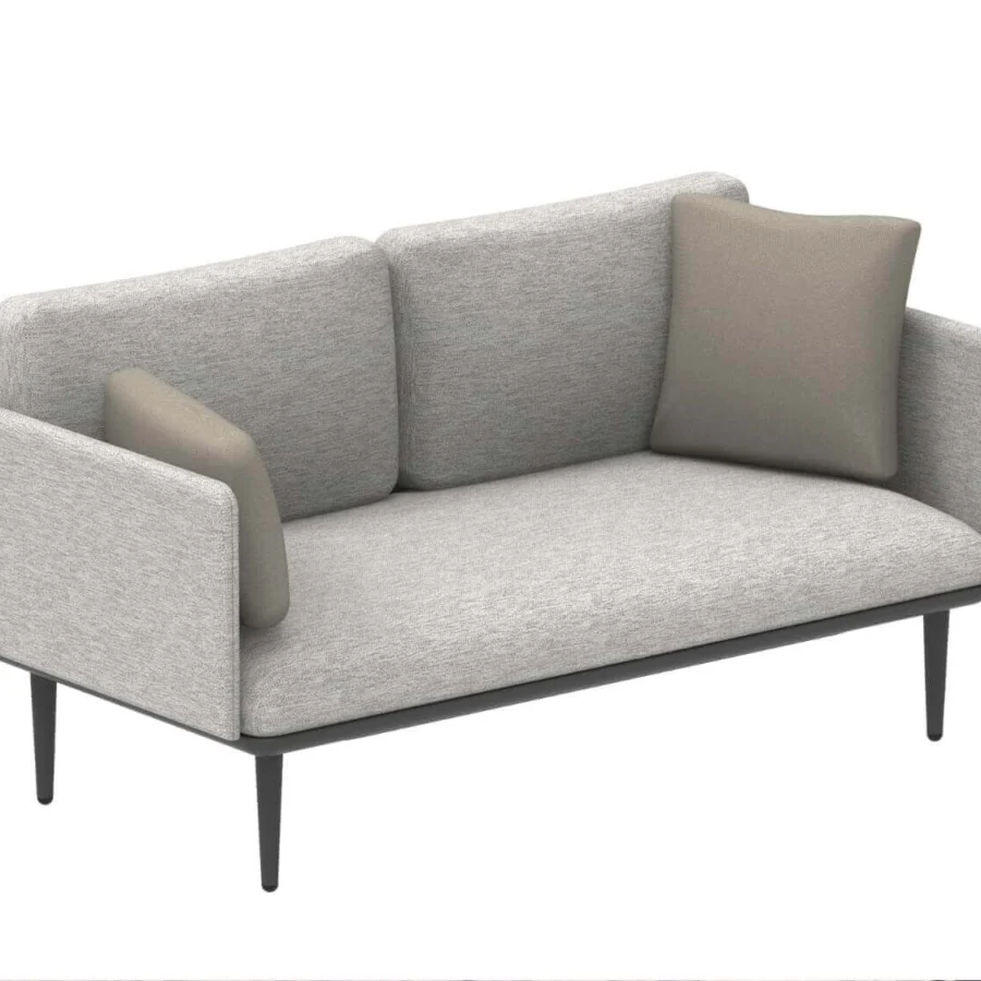 Distinguished Royal Botania Styletto lounge sofa with light gray fabrics and dark coated aluminum legs, accented with muted brown cushions