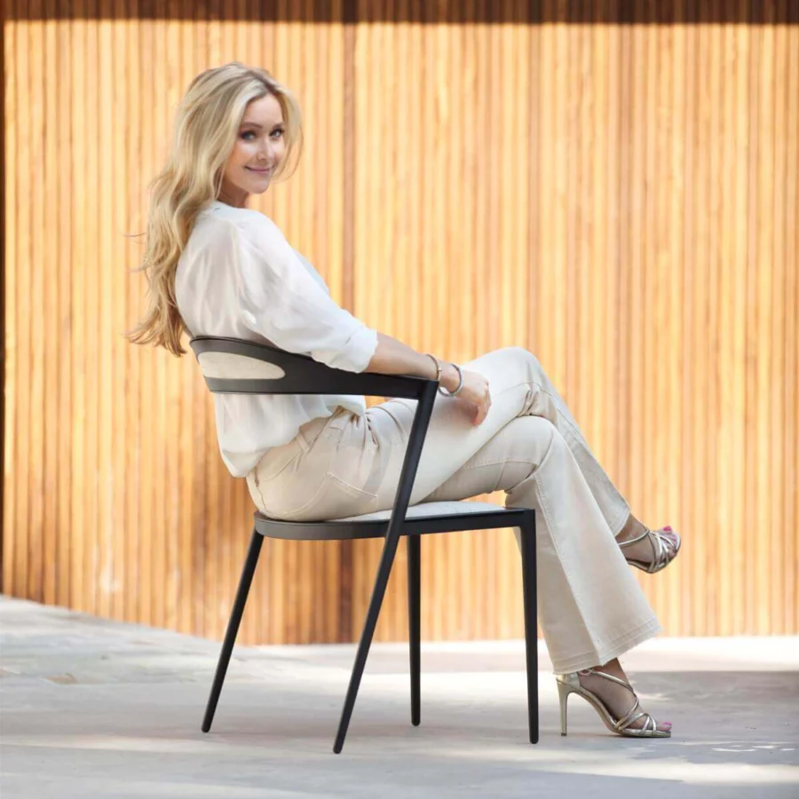 Exceptional Royal Botania Styletto chair with angular aluminum frame and light beige seat offering transforming design with matte finish