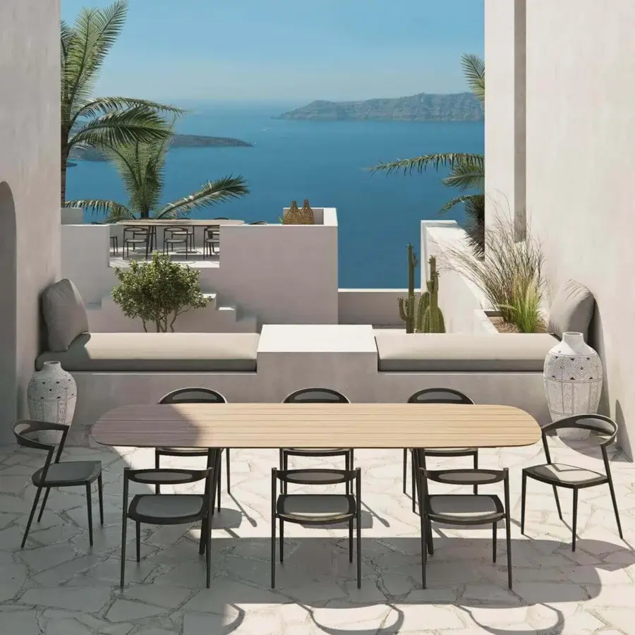 Innovative Royal Botania Styletto chair with black matte aluminum frame and woven gray seat offers ergonomic curves