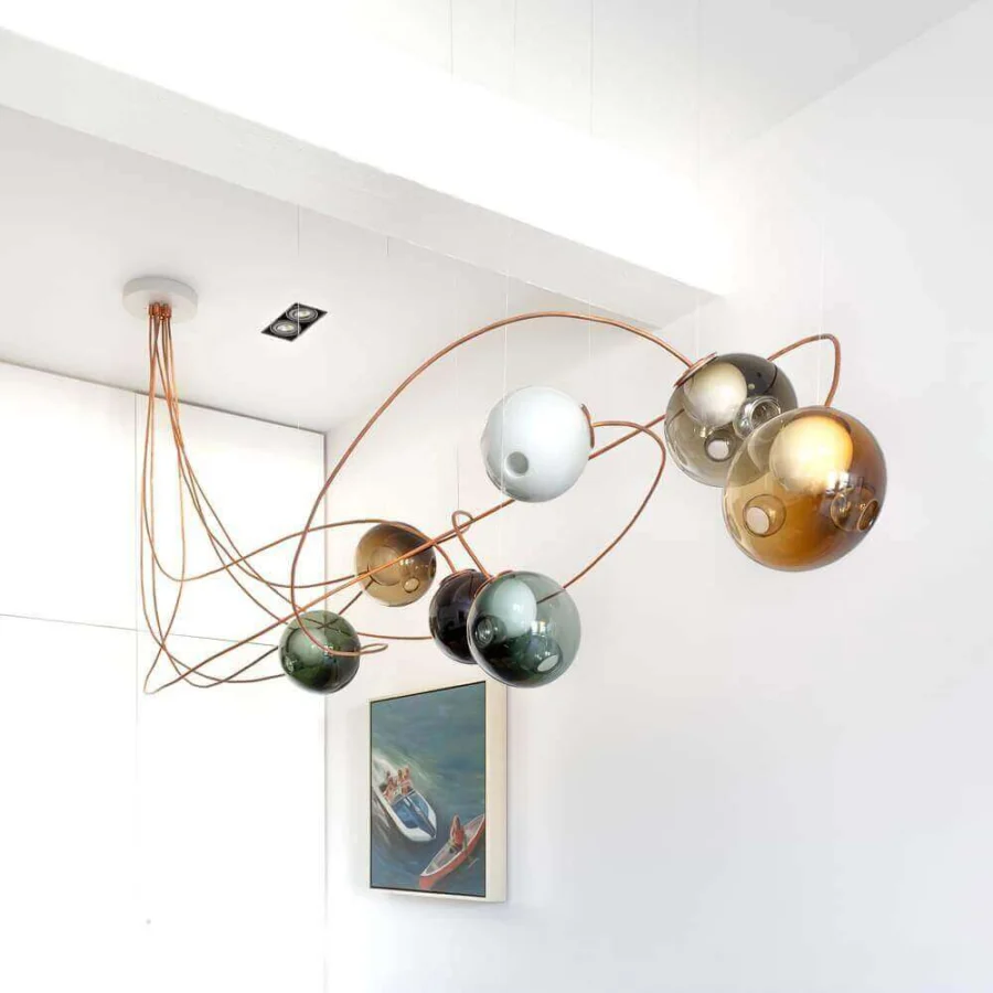Superior Bocci 28 Copper suspension lamp crafted in natural copper with clear glass exterior spheres and satin finish
