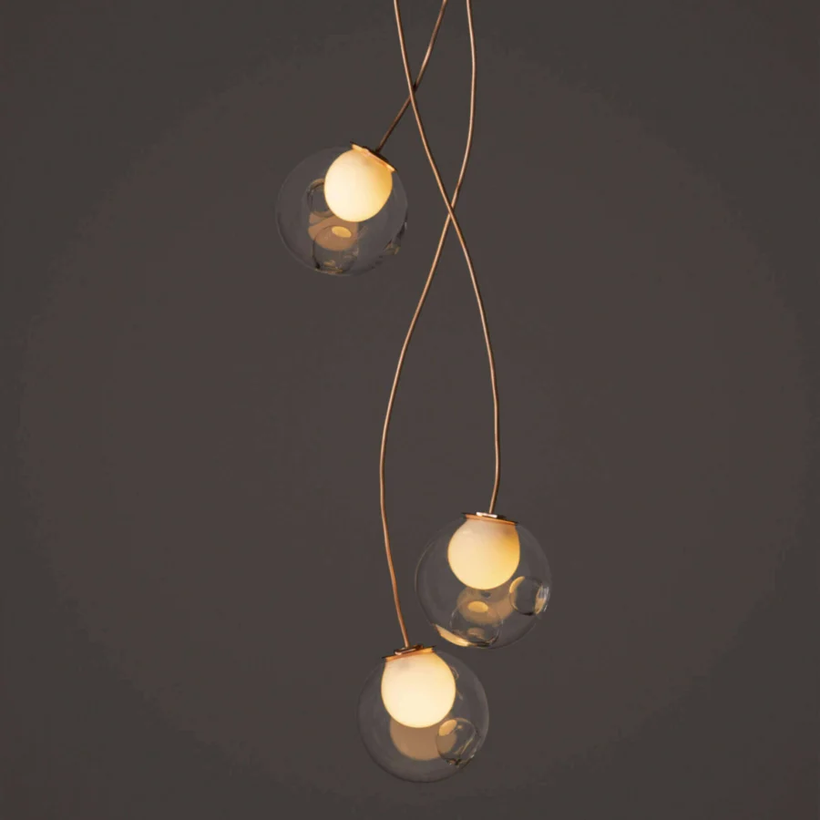 Innovative Bocci 28 Copper suspension lamp crafted in clear glass spheres with natural copper wire and a developing patina