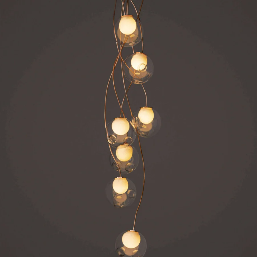 Luxury Bocci 28 Copper suspension lamp crafted in clear glass spheres with natural copper and satin finish