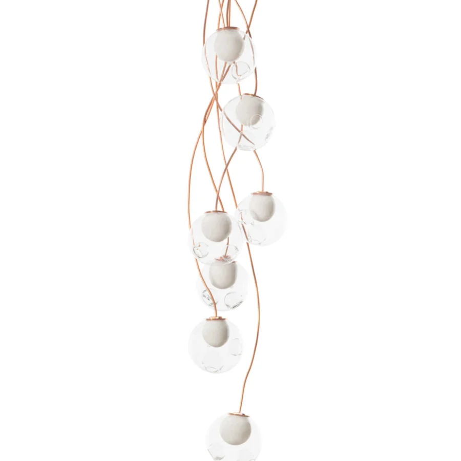 Sophisticated Bocci 28 Copper suspension lamp crafted in clear glass spheres with natural copper detailing and developing patina