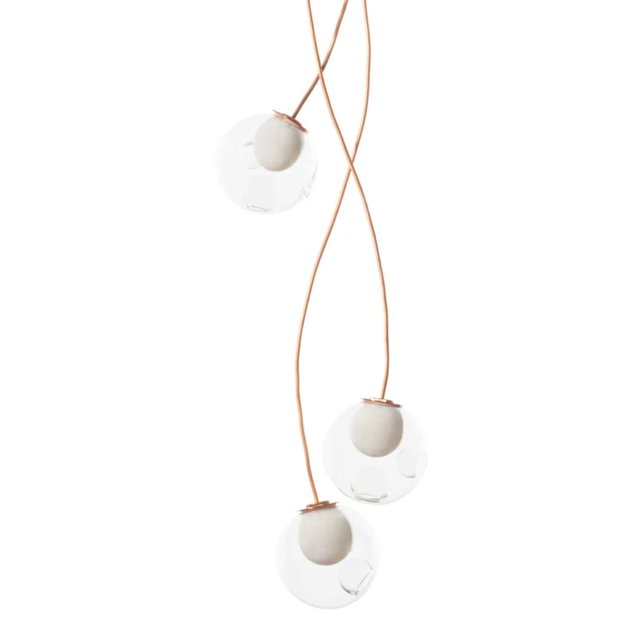 Exceptional Bocci 28 Copper suspension lamp crafted in clear glass with milk white interiors and natural copper wiring