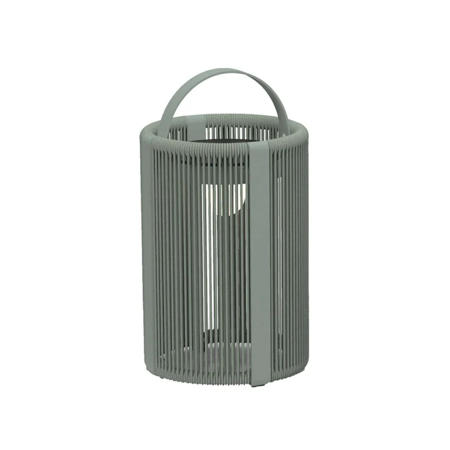 Distinguished Royal Botania Ropy floor lamp with cylindrical form crafted in coated aluminum and refined green polyolefin rope