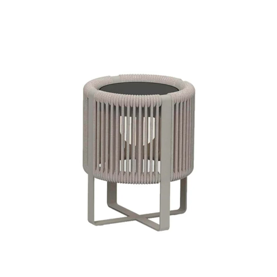 Innovative Royal Botania Ropy table lamp with light gray polyolefin rope shade and coated aluminum sand frame