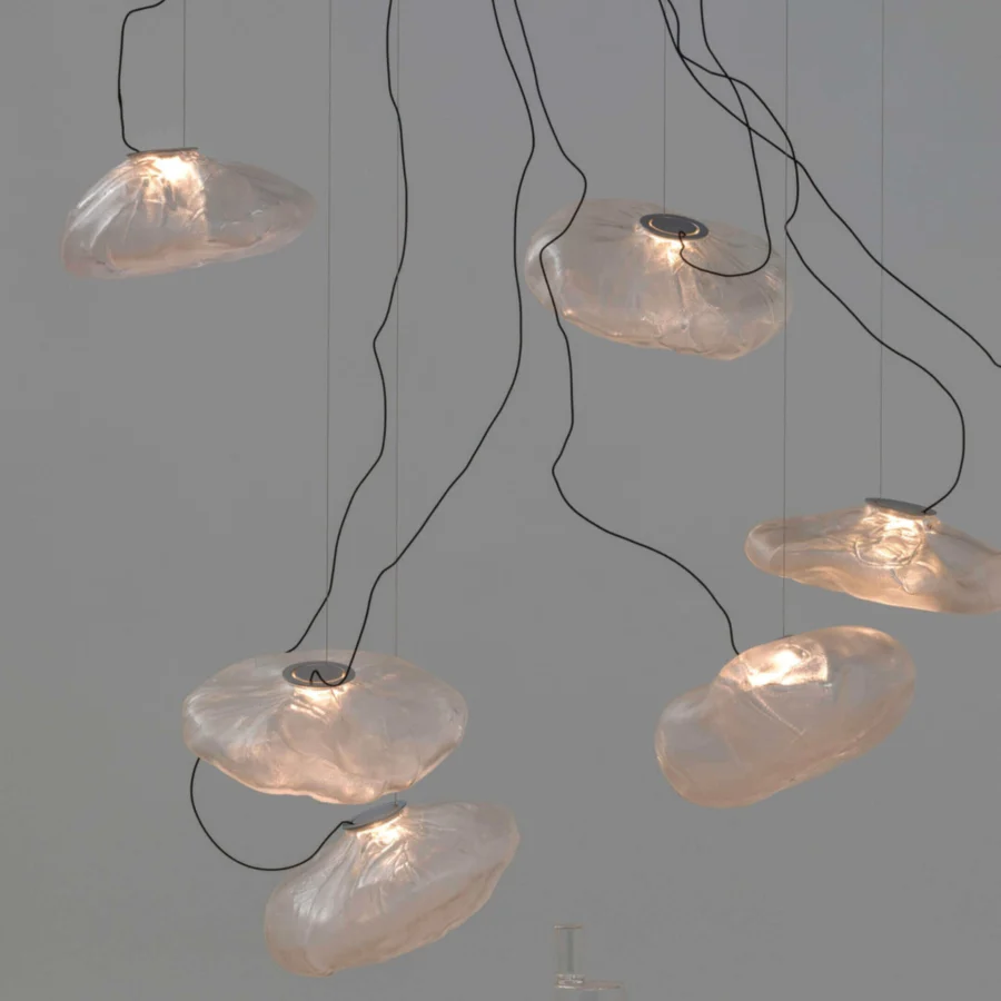 Superior Bocci 73 sculptural cable suspension lamp with translucent blown glass and brushed nickel canopy