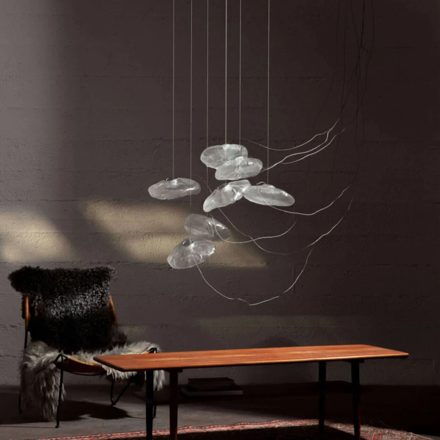Superior Bocci 73 sculptural cable suspension lamp with translucent glass-like elements and satin metal cables crafted with a brushed nickel canopy