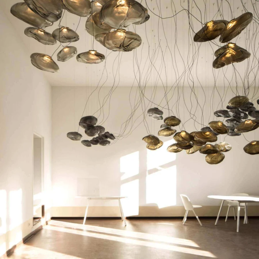 Distinguished Bocci 73 sculptural cable suspension lamp with smoky grey blown glass and braided metal coaxial cable construction