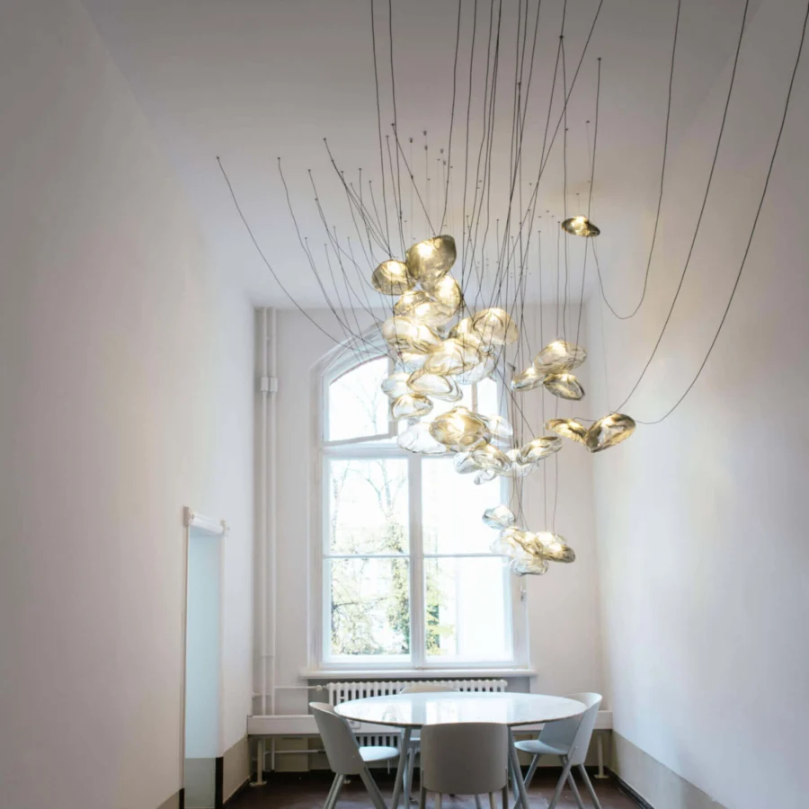 Lavish Bocci 73 sculptural cable suspension lamp in pale gold blown glass with braided metal coaxial cable and brushed nickel canopy