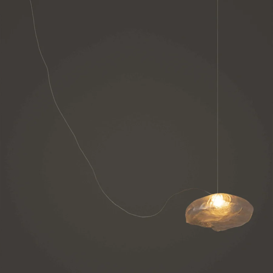 Distinguished Bocci 73 single sculptural cable suspension lamp with folded blown glass and brushed nickel canopy