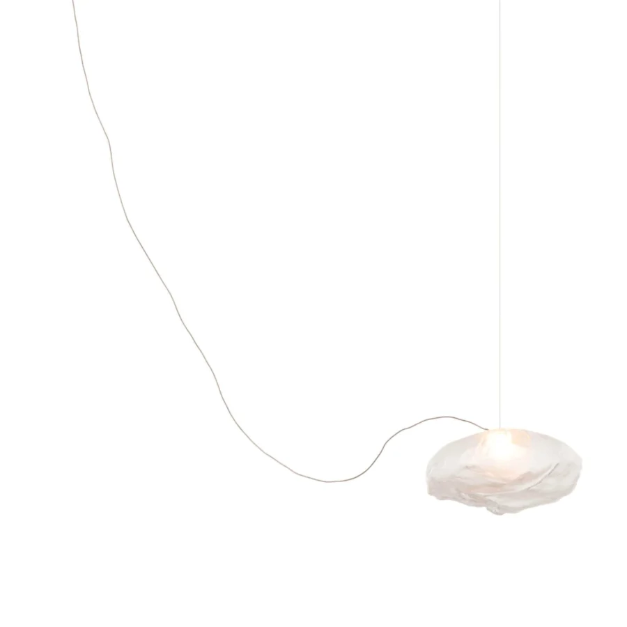 Superior Bocci 73 single sculptural cable suspension lamp in translucent off-white blown glass with brushed nickel canopy