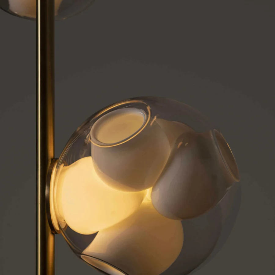 Superior Bocci 38V Stem floor lamp with multiple clear glass shades and brass finish metal stem