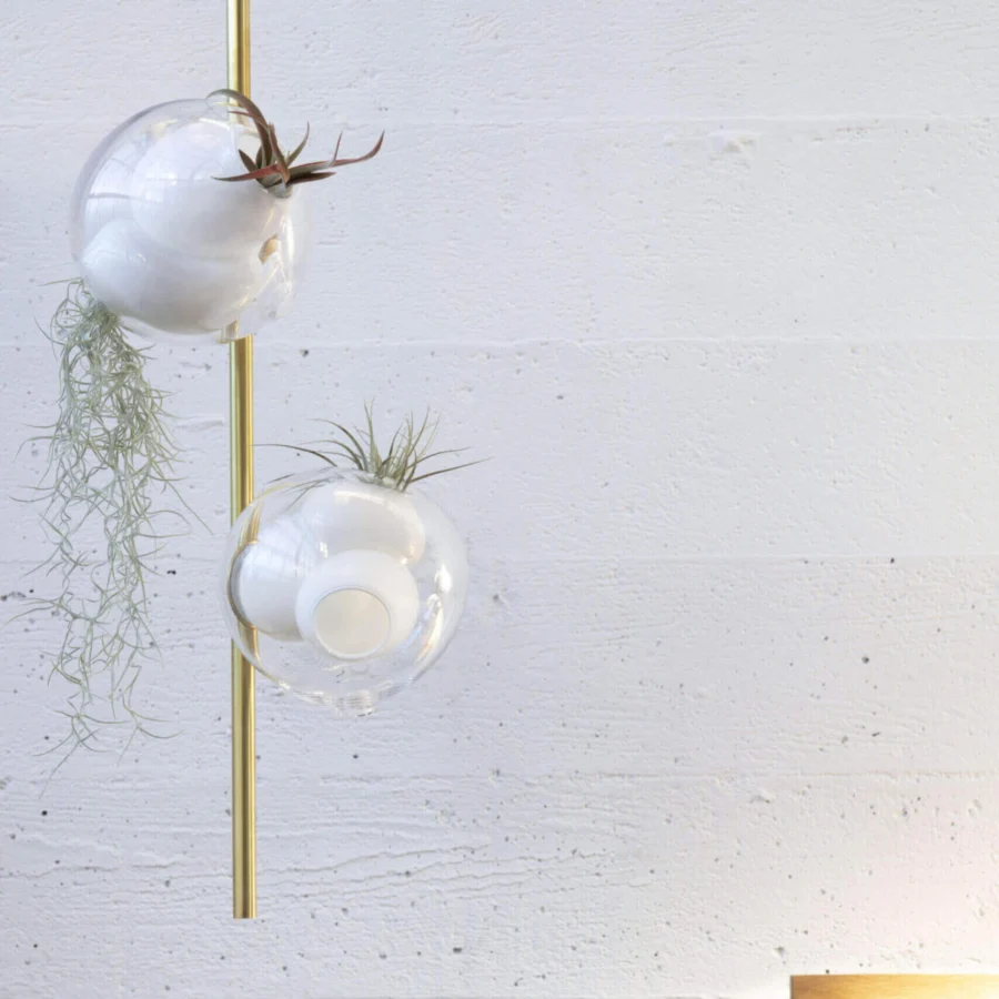 Exceptional Bocci 38V Stem ceiling lamp with slender stem, clear glass enclosures and satin brass finish