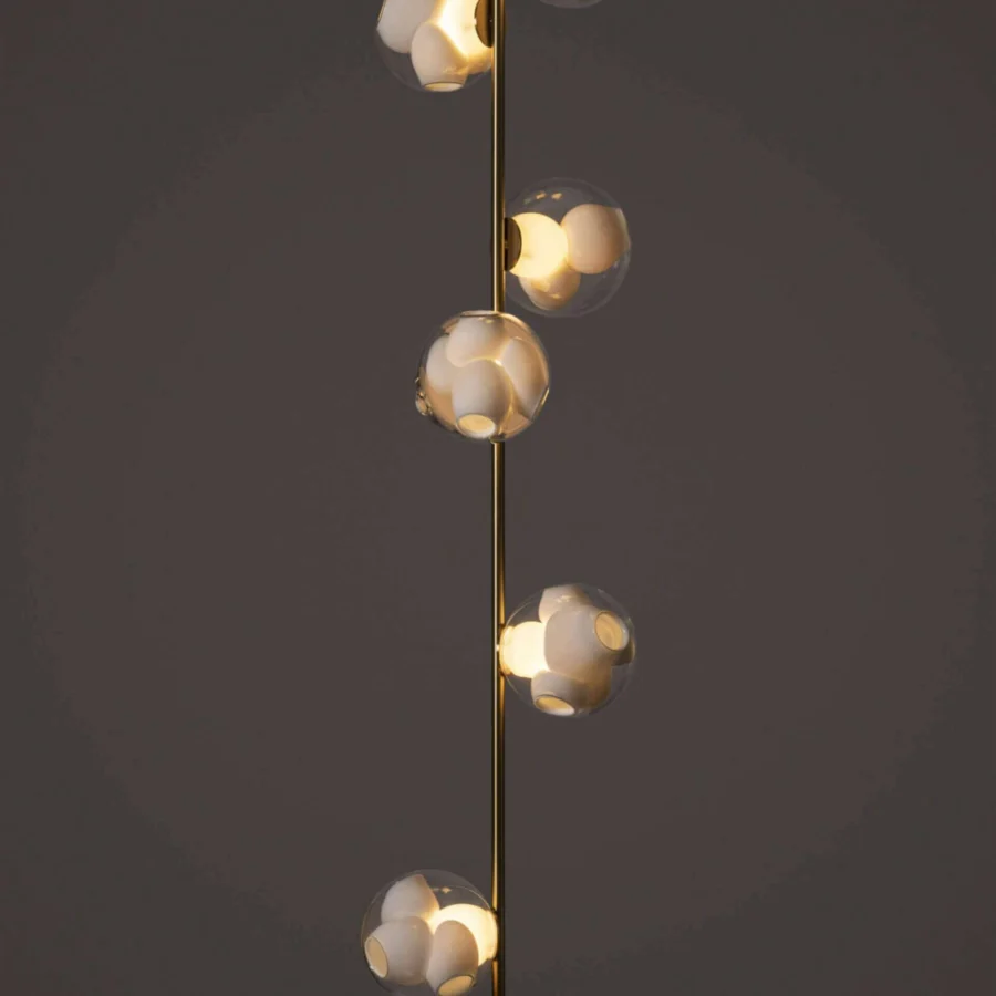 Superior Bocci 38V Stem ceiling lamp with a warm brass stem and cascading clear glass spheres housing sculpted light sources