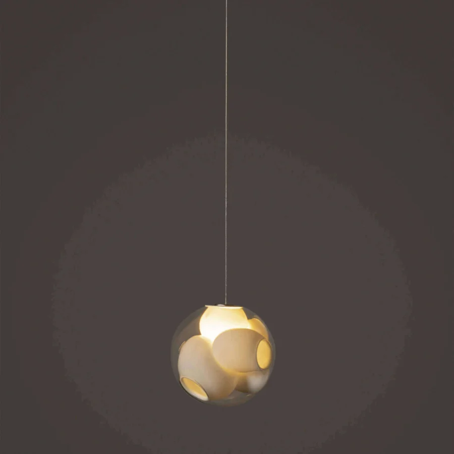 Superior Bocci 38V Single Suspension Lamp crafted in clear glass with milk white interior and light-colored metallic finish