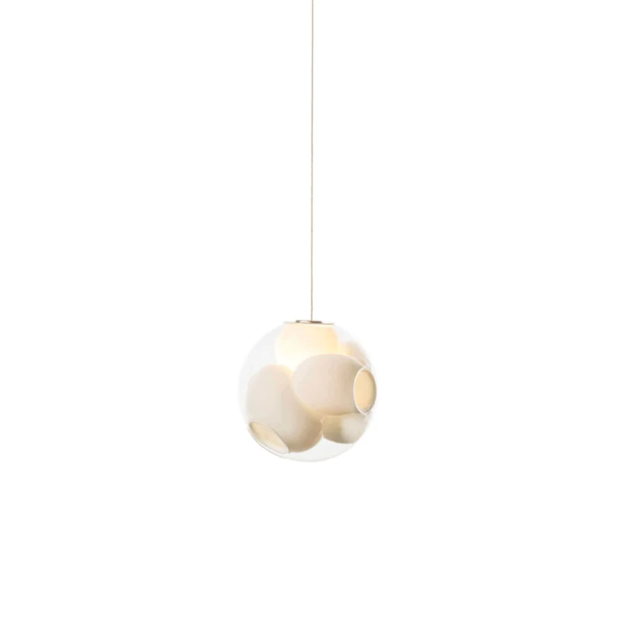 Distinguished Bocci 38V Single Suspension Lamp crafted in clear glass with a milk white interior and light gold tone coaxial cable