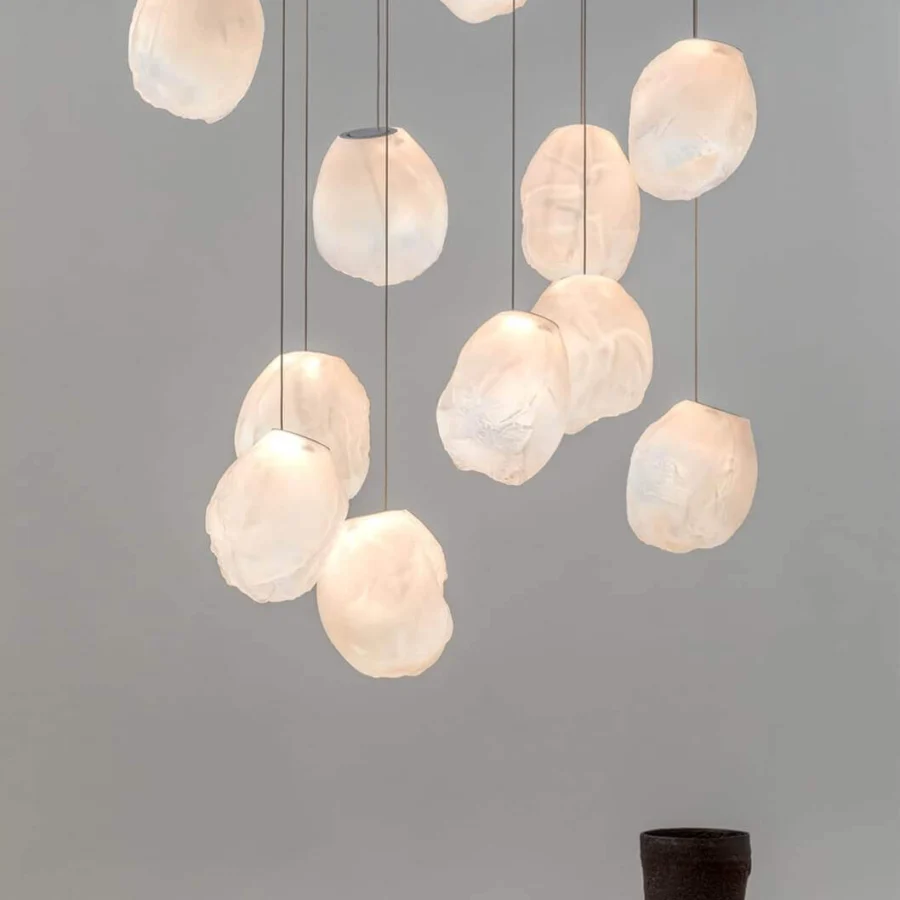 Elegant Bocci 73V suspension lamp with translucent white glass and refined braided metal coaxial cable