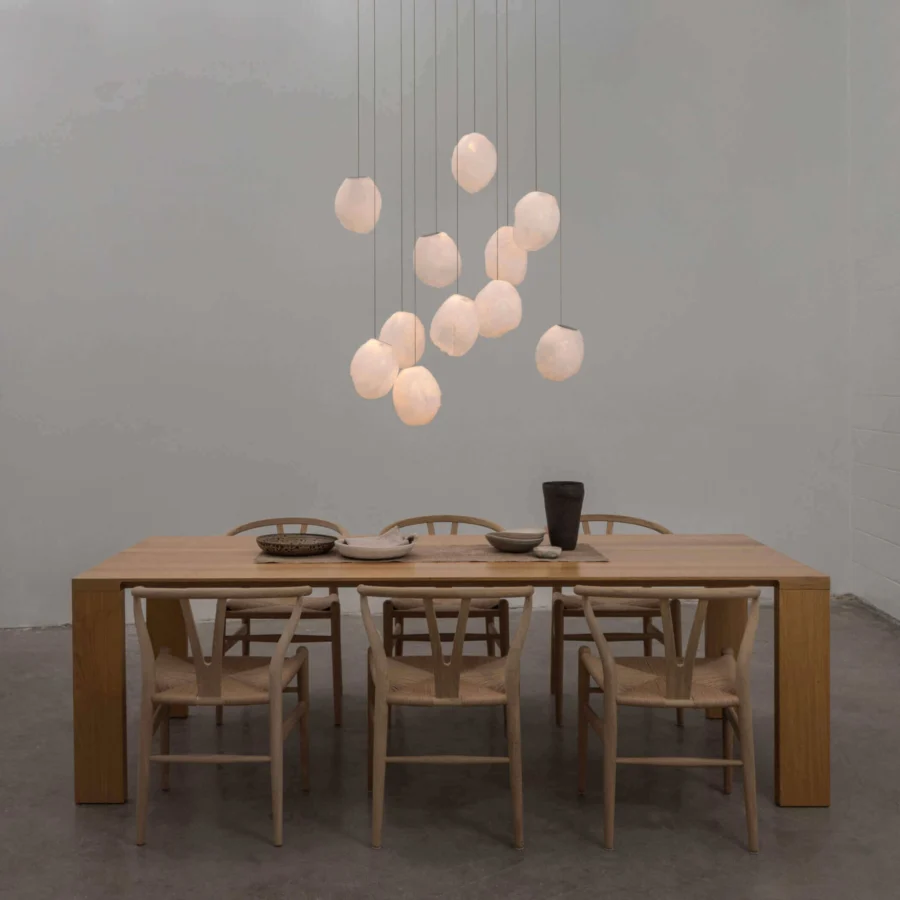 Superior Bocci 73V suspension lamp crafted from molten glass within folded ceramic fabric with a white finish