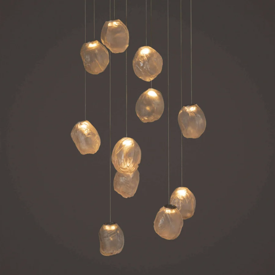 Distinguished Bocci 73V suspension lamp crafted with uniquely folded glass and braided metal coaxial cable in a textured matte finish