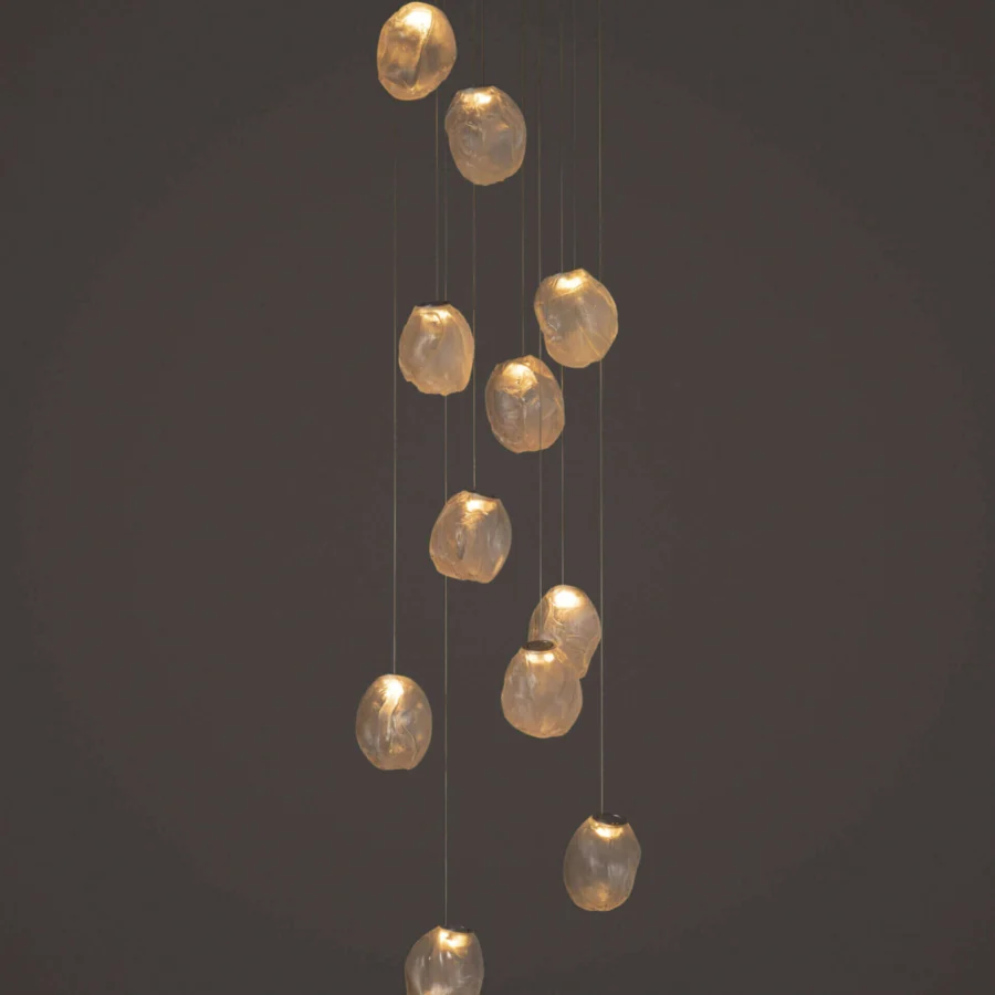 Exceptional Bocci 73V suspension lamp crafted with textured glass globes and a white powder coated canopy with braided metal cable