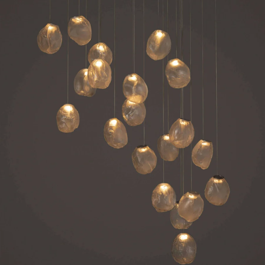 Distinguished Bocci 73V suspension lamp crafted with organically shaped translucent glass and white powder coated canopy